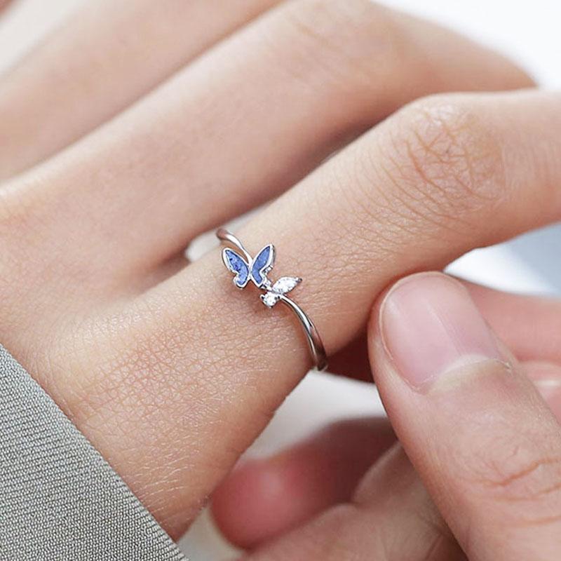 Ladies Adjustable Zircon Blue Butterfly Open Rings Jewelry
