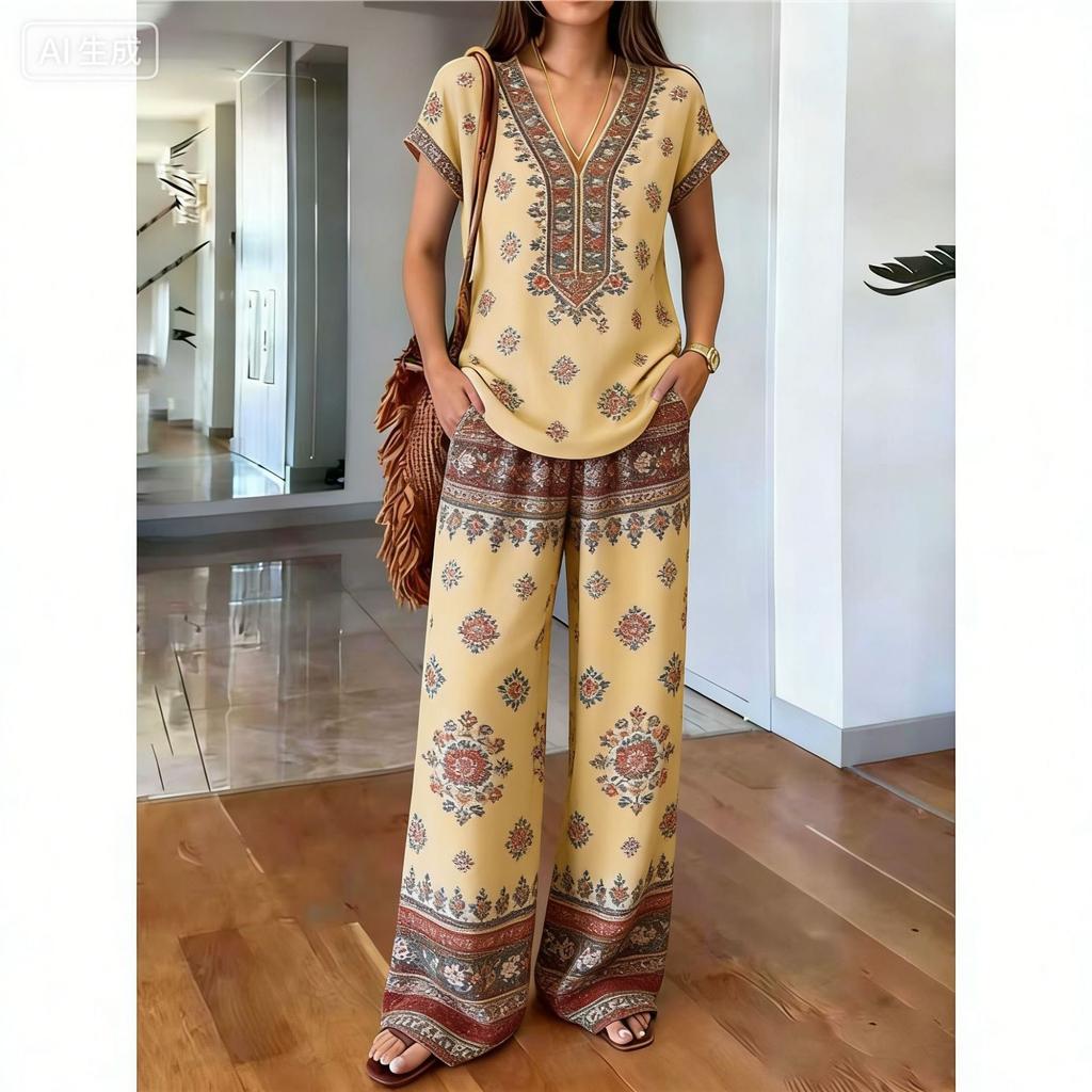 Y116 Summer Loose Top and Wide-Leg Pants Two-Piece Set Women's Fashion European and American Fashion Set
