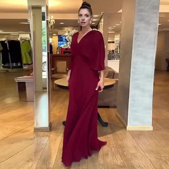 

Women s Wedding Guest Dress High Waist V-Neck Chiffon Dress Batwing Sleeve Flowy A-line Pleated Maxi M чорний