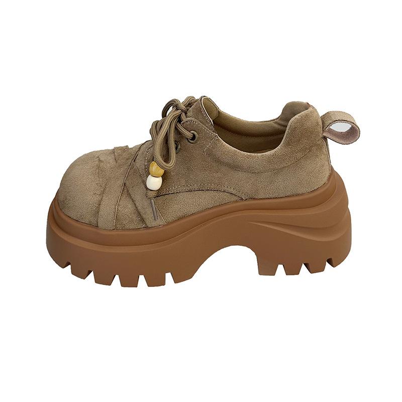 Thick-soled Heightening Big Head Lace-up Small Leather Shoes Women's Autumn New Retro Small Loafers