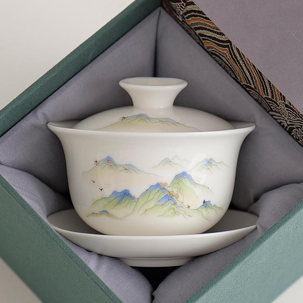 Dehua White Sancai Gaiwan: High-end Mutton Fat Jade Porcelain Tea Bowl and Kung Fu Teacup Set