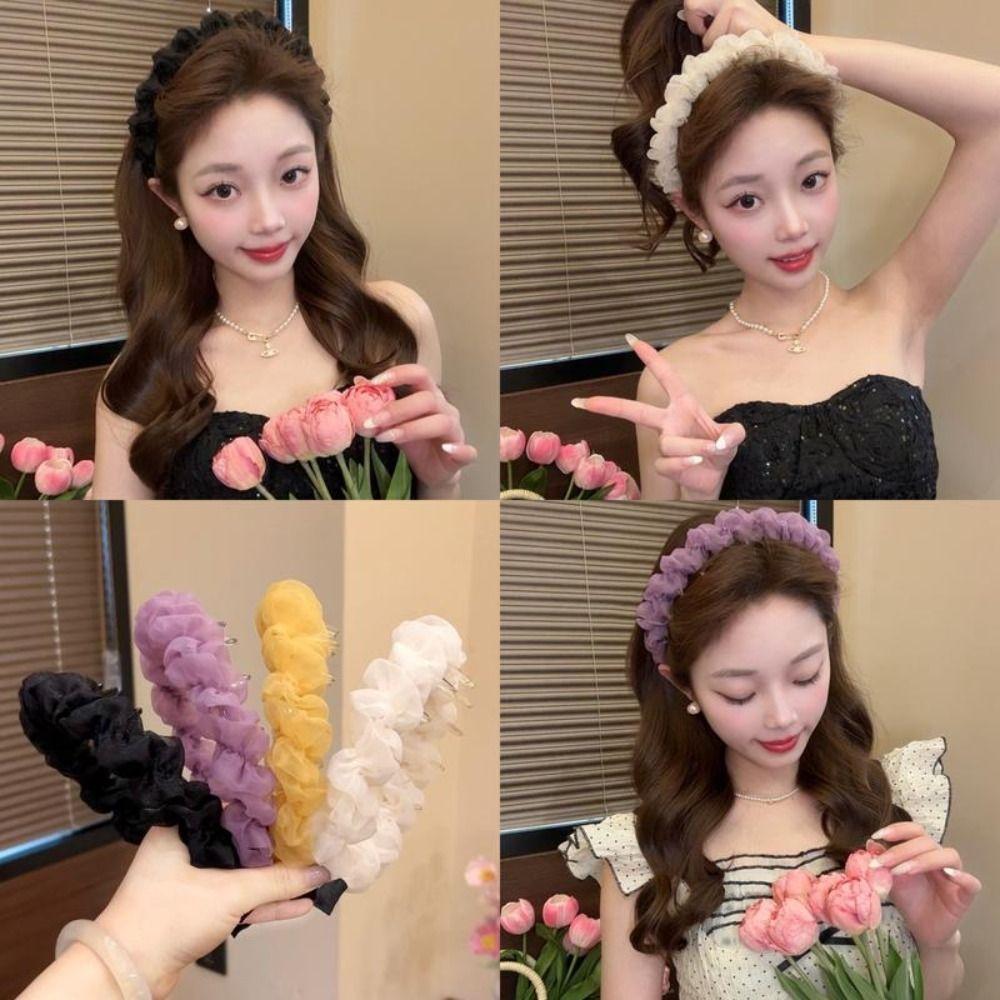 Lace Mesh Hair Hoop Solid Color Headwear Fashion Headband  Women