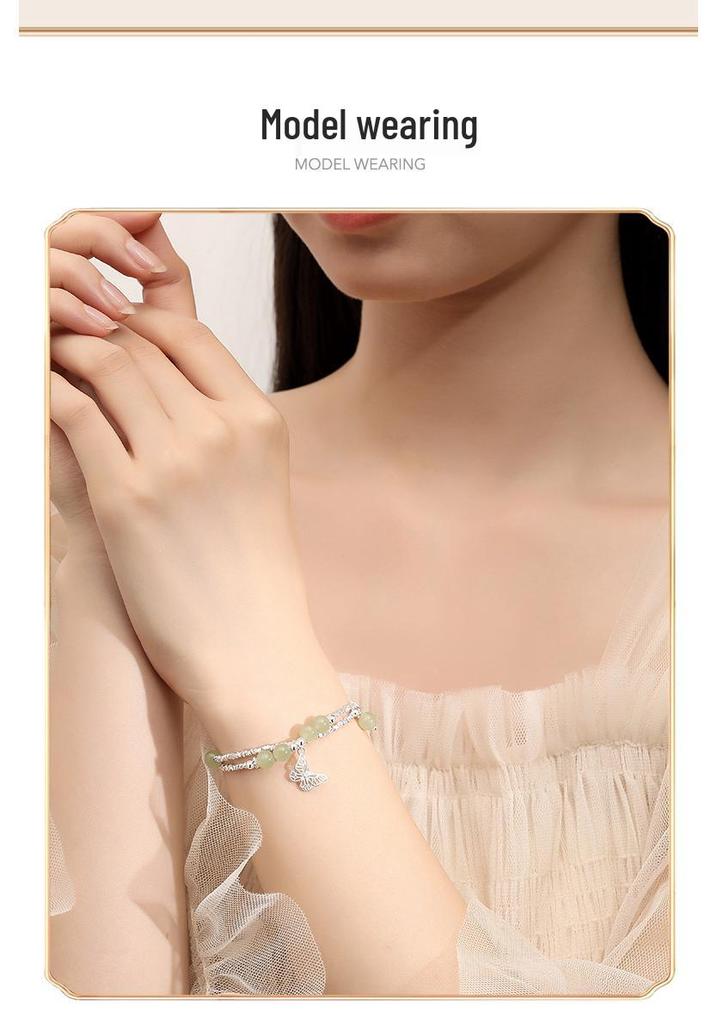 Tichiya Silver Butterfly Double-Layer S925 Sterling Jade Bracelet - Light Luxury Chinese Style Accessories for Women