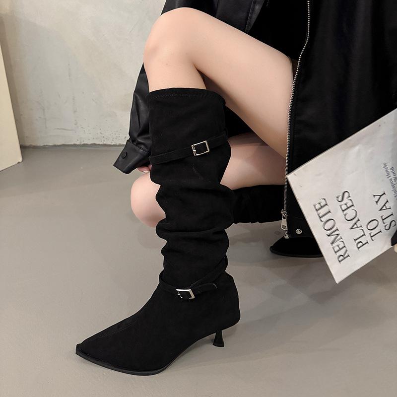 Versatile Pleated Pointed Stiletto Heel Pile Boots 2025 Women's Belt Buckle Western Cowboy Boots Knight Boots Long Boots Long Boots