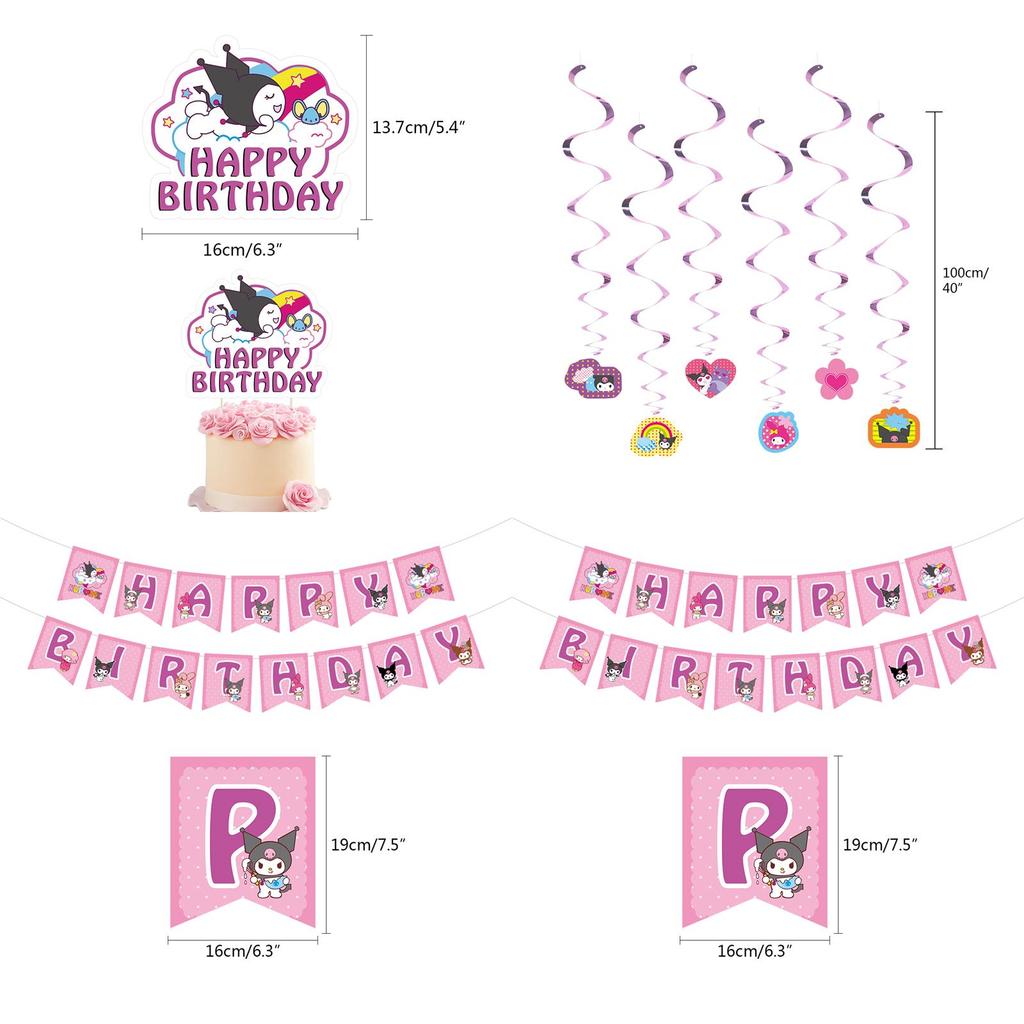 Kuromi Themed Birthday Party Decor Supplies Set With Flag Cake Spiral Balloon And Bright Colorful Toppers