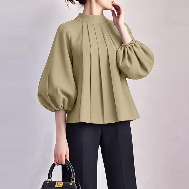 ZANZEA Elegant Womens Stand Collar Casual Puff 3/4 Sleeve Loose Blouse