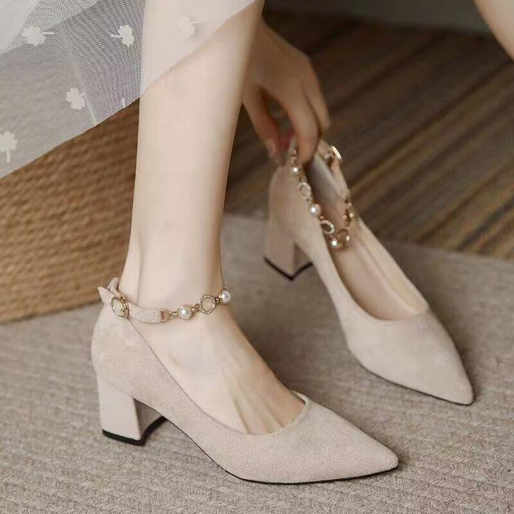 Autumn temperament with skirt high heels design sense celebrity style with pearl single shoes thick heel medium heel