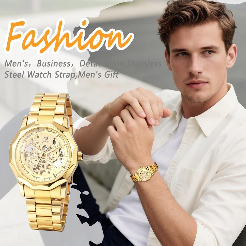 Oidea Men's Octagonal Automatic Wristwatch Business Classic Easy Gear Style Luminous Stainless Steel Durable Gift Gold