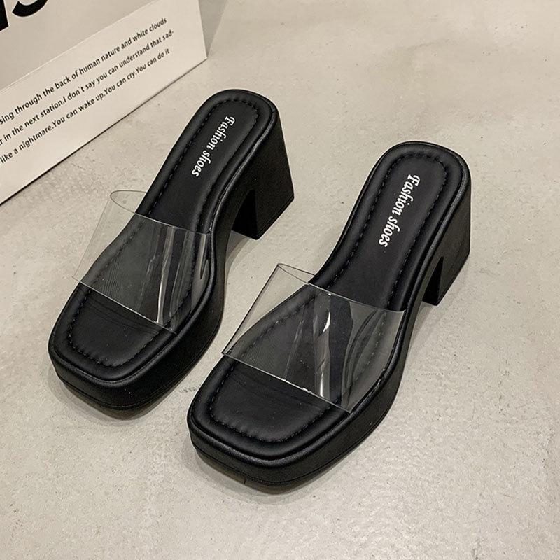 

JX thick high-heeled transparent sandals women s soft-soled fashion one-word drag summer new small beach shoes 35