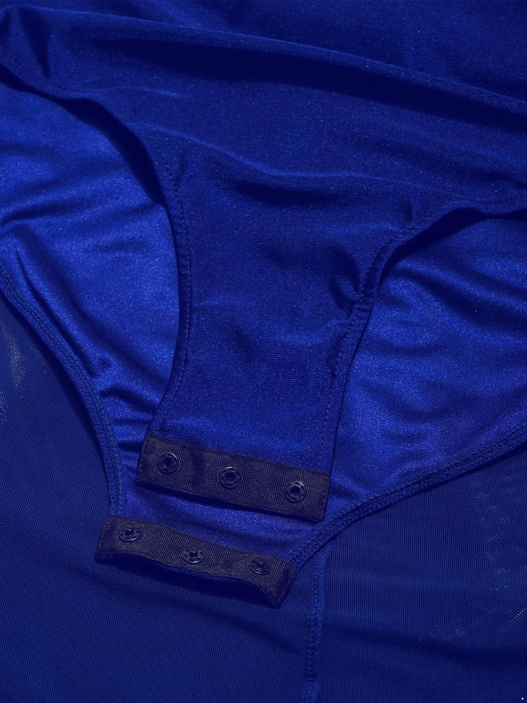 Damen Lyrical Tanzkleid S-XXL: Transparenter Netzstoff Langarm mit glitzernden Strasssteinen & Eingearbeiteten Schrittknöpfen Höschen Rüschen Design