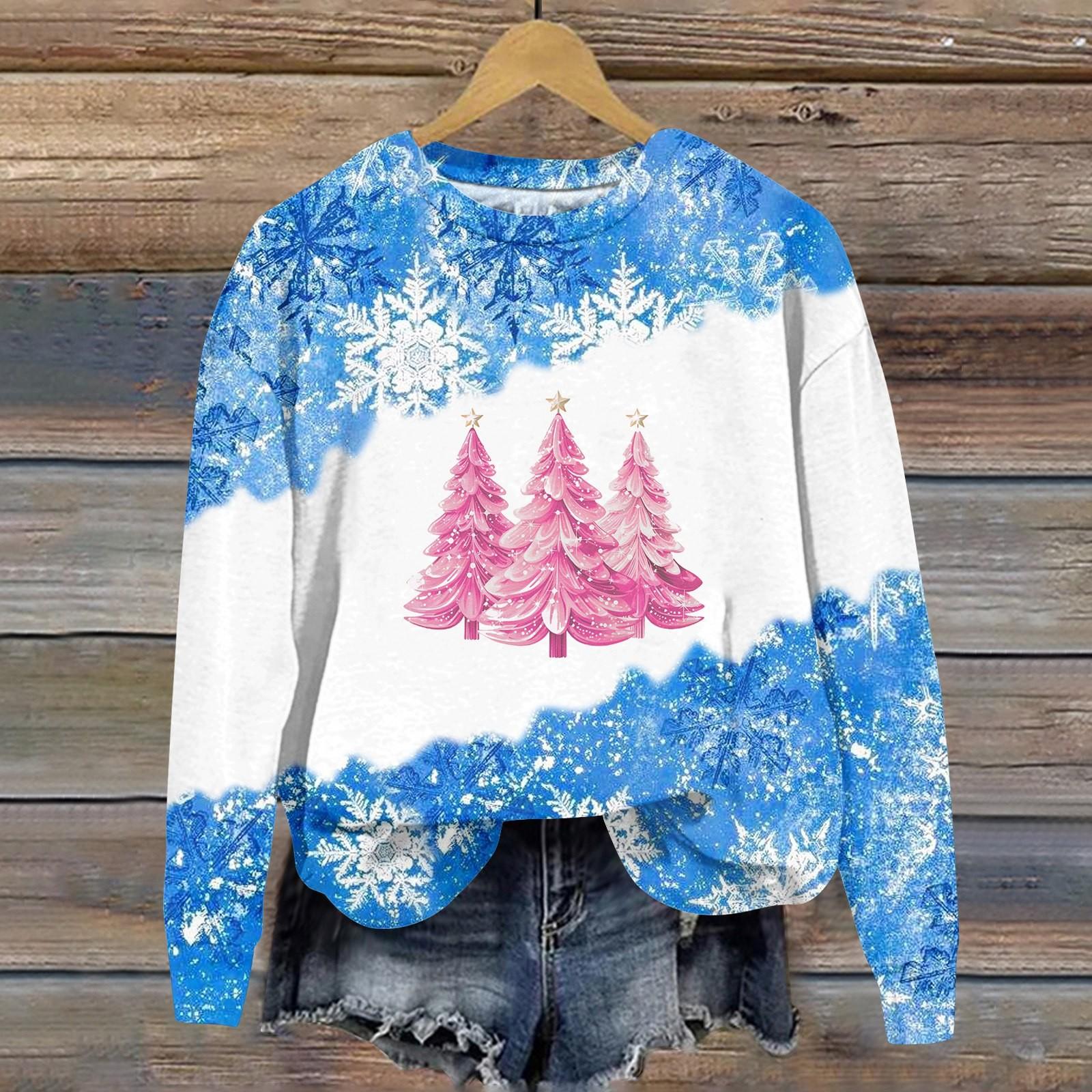 

Женская мода рождественский принт длинный рукав свободный круглый вырез толстовка топ осень XXXXXL синий