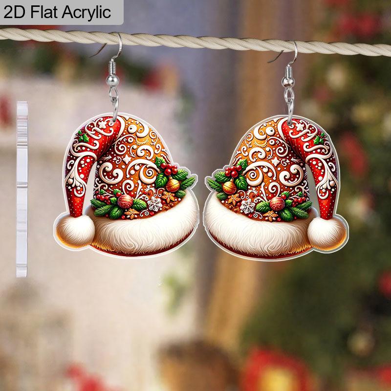 2D Flat Retro Christmas Hat Women's Acrylic Dangle Earrings Western Cowboy Country Style Christmas Party Jewelry Gift
