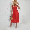 Halter Women Solid Color Summer Sleeveless Dress Knee Length Elegant Casual Pleated Square Neck