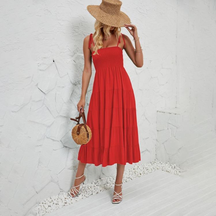 Halter Women Solid Color Summer Sleeveless Dress Knee Length Elegant Casual Pleated Square Neck