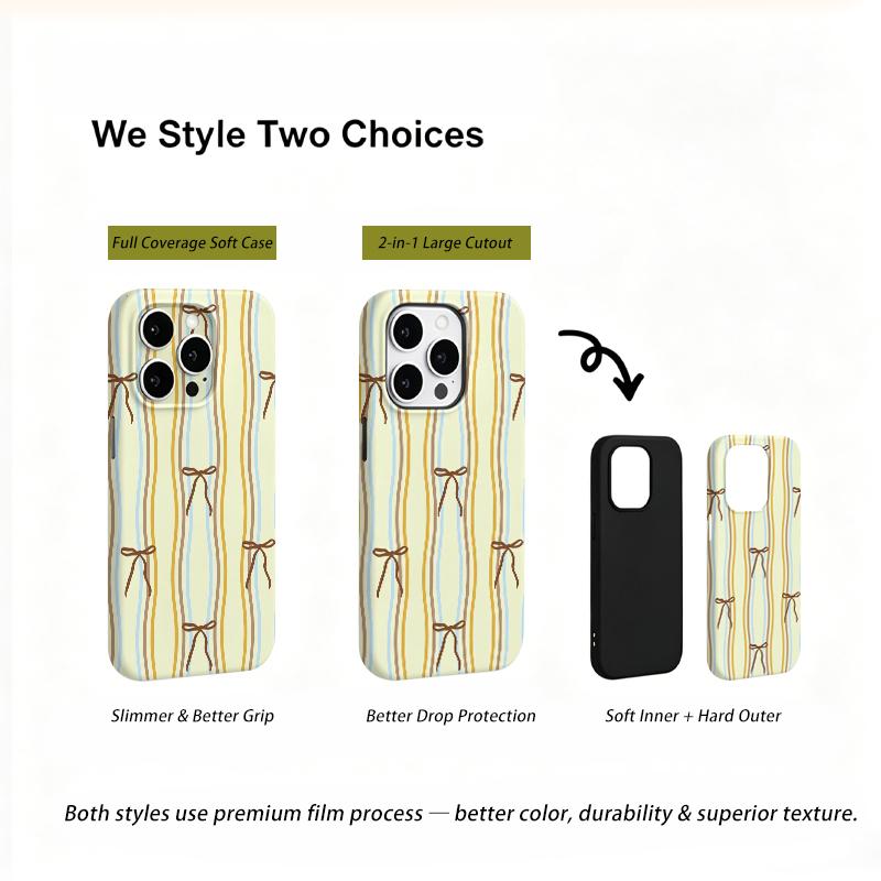 Dainty Pastel Cream Yellow Blue Brown Striped Bow Pattern Art Film Aesthetic Protective Shockproof Bumper Phone Case For iPhone 14 15 16 Pro Max Plus