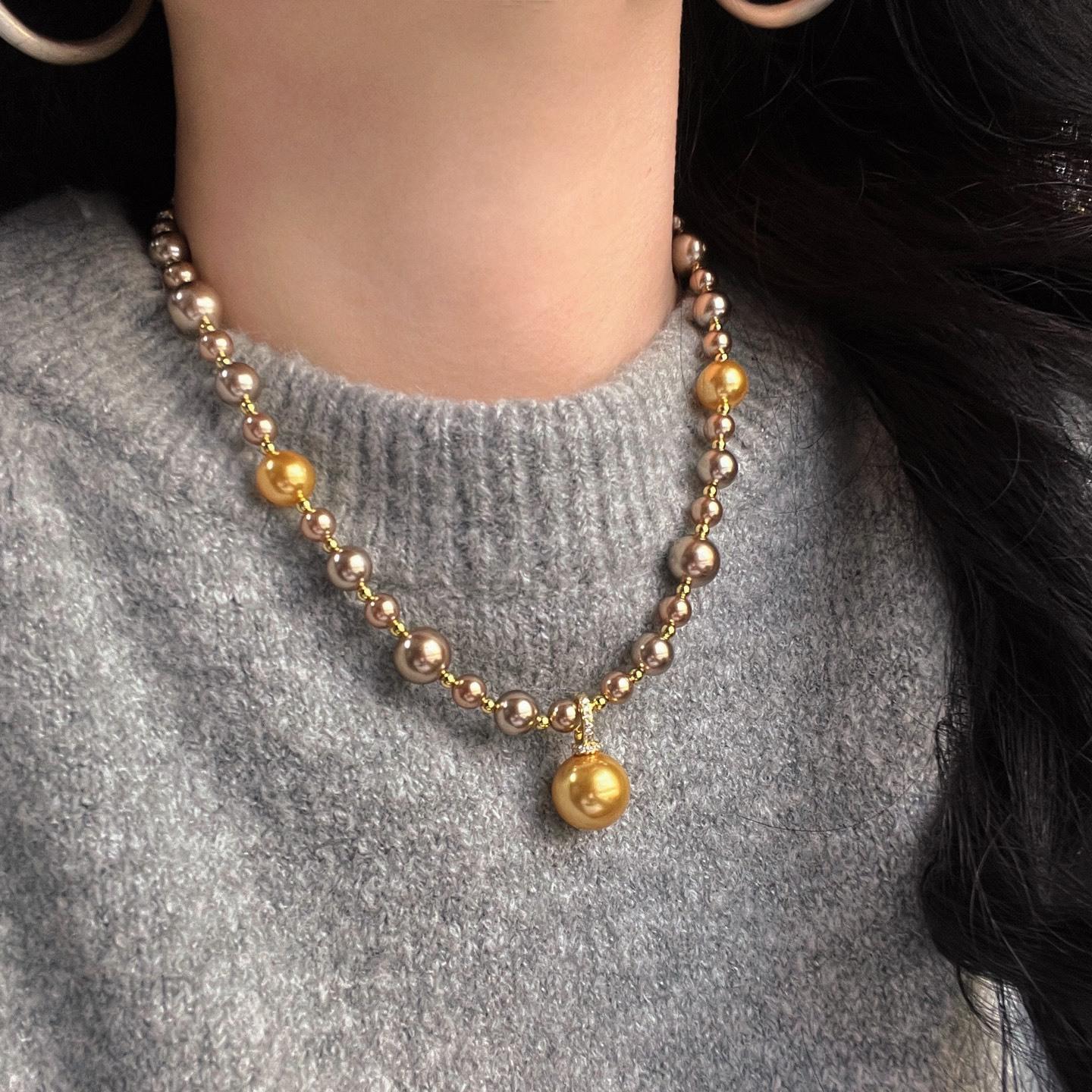 High Quality Mocha Brown Shijia Pearl Maillard Wind Necklace Collarbone Chain Neck Chain Sweater Chain Pendant