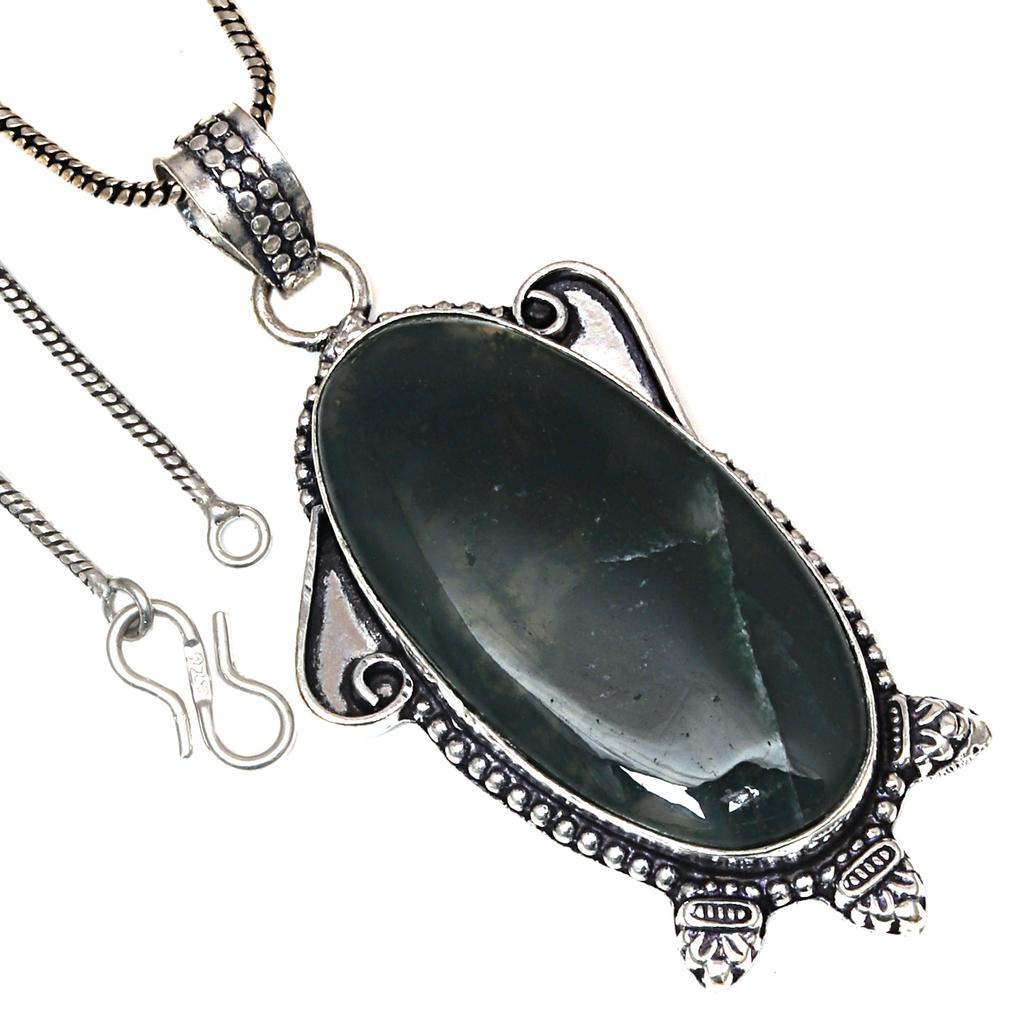 Pendant Moss Agate Gemstone Valentine'Day Gift Silver Jewelry 2.25"