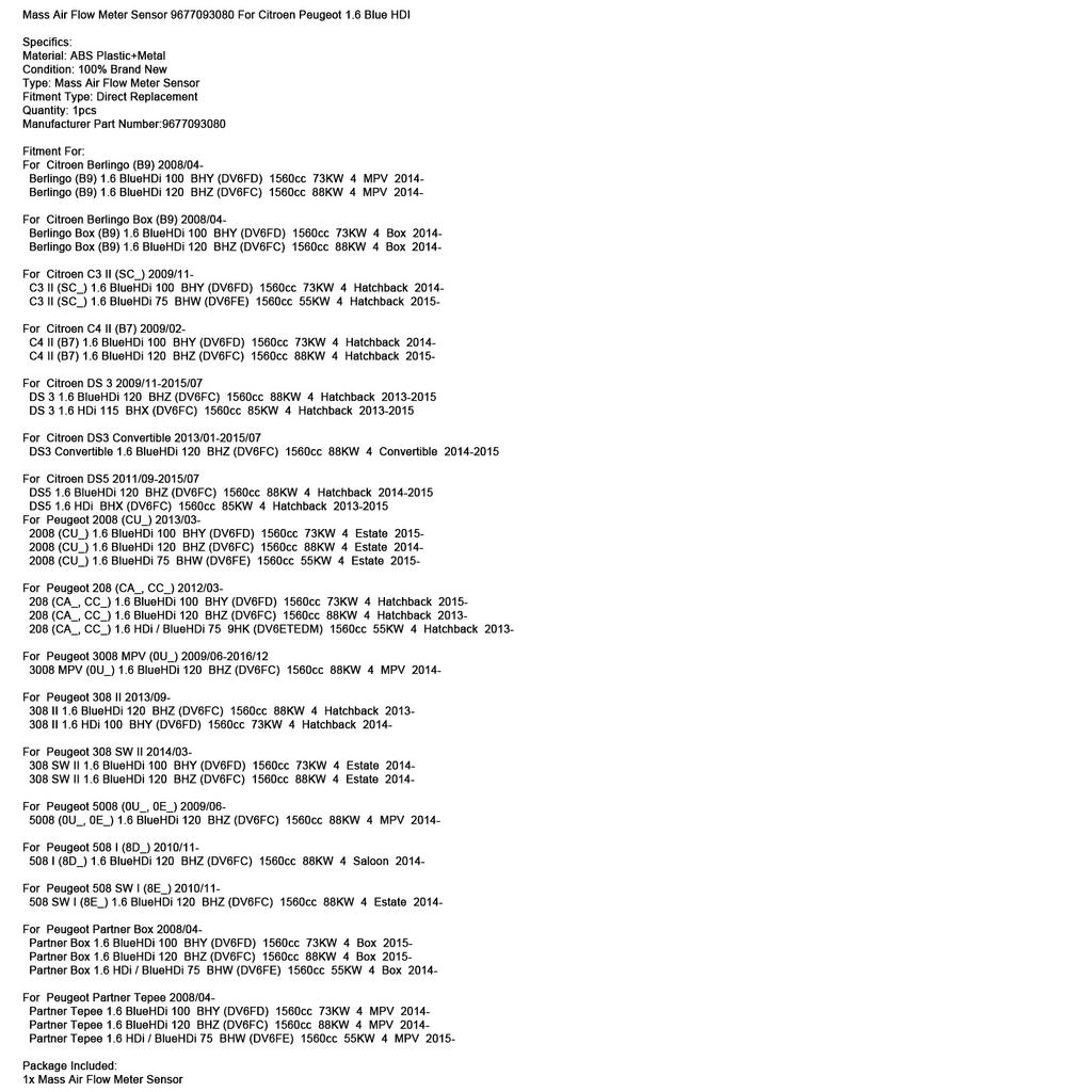 Mass Air Flow Meter Sensor 9677093080 For Citroen Peugeot 1.6 Blue HDI