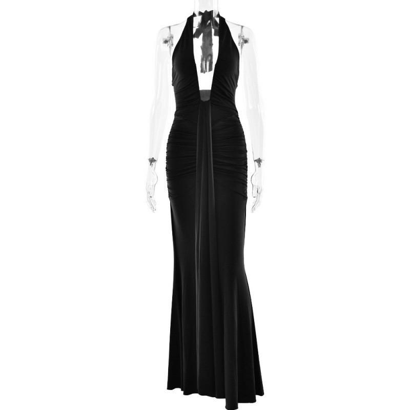 

Summer New Style Hanging Neck Deep V Waist Long Dress Sexy Backless Streamer Temperament Elegant Solid Color M чёрный