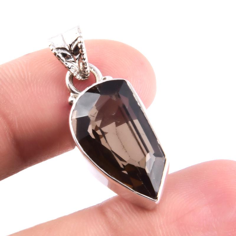 Natural Smoky Quartz Gemstone 925 Solid Sterling Silver Gift Pendant 1.1" V5H51