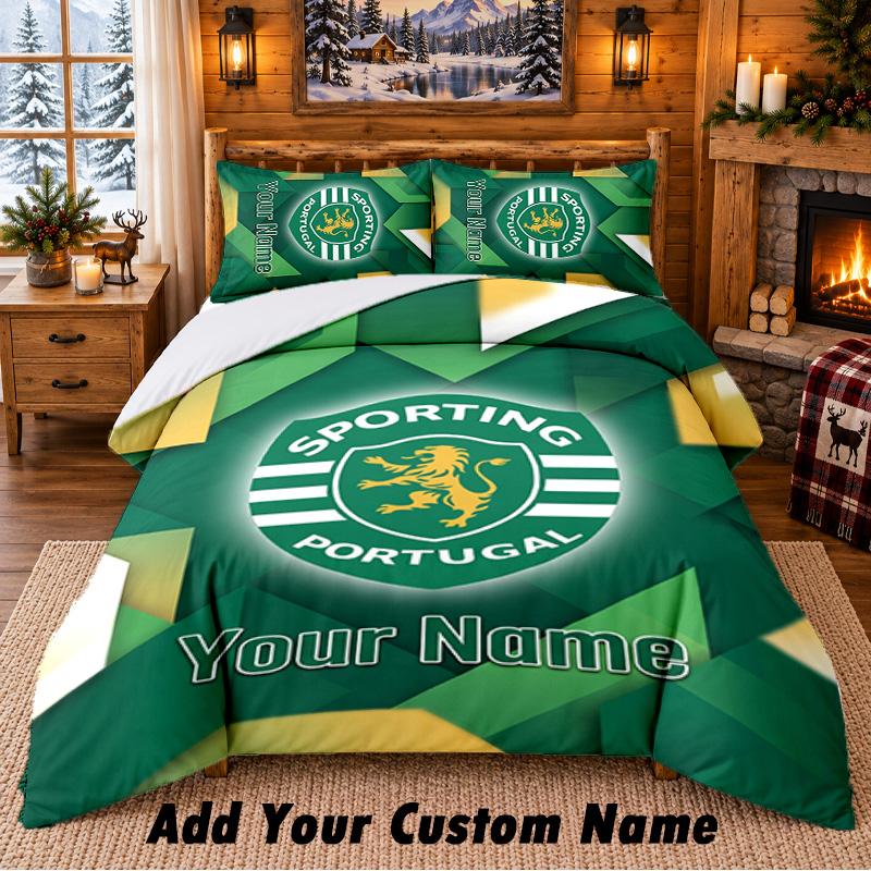 Set de așternut 3 piese cu model Sporting CP Nume personalizat, Cearșaf și Fețe de pernă Pentru Dormitorul de Acasă