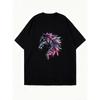 Oversized T Shirt Dress Black Horse Head With Red And Blue Feathers Print Casual Wear For Women