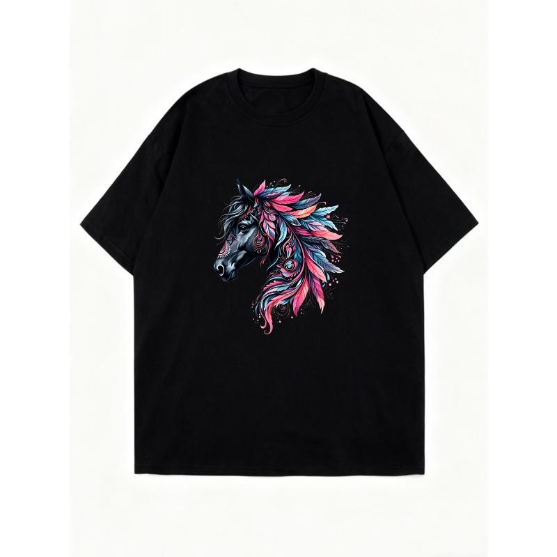 Oversized T Shirt Dress Black Horse Head With Red And Blue Feathers Print Casual Wear For Women