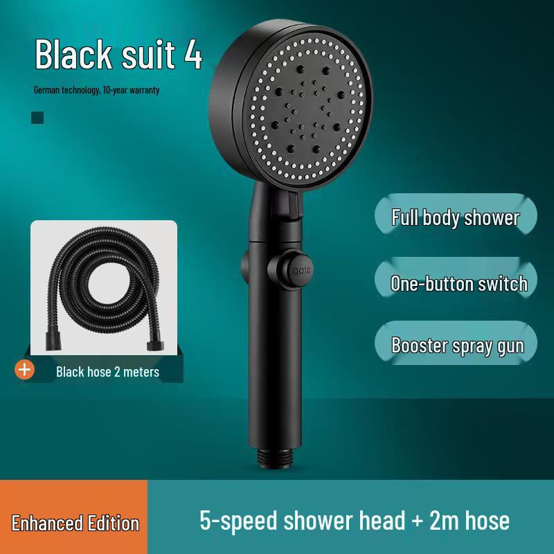 Five-Speed Frosted Black Shower Head & Booster Hose Set
