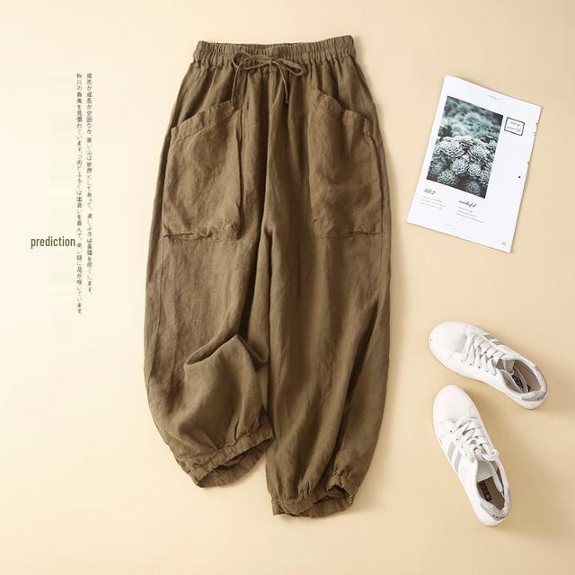 Women's Cotton Linen Harem Pants with Elastic Waist and Pockets