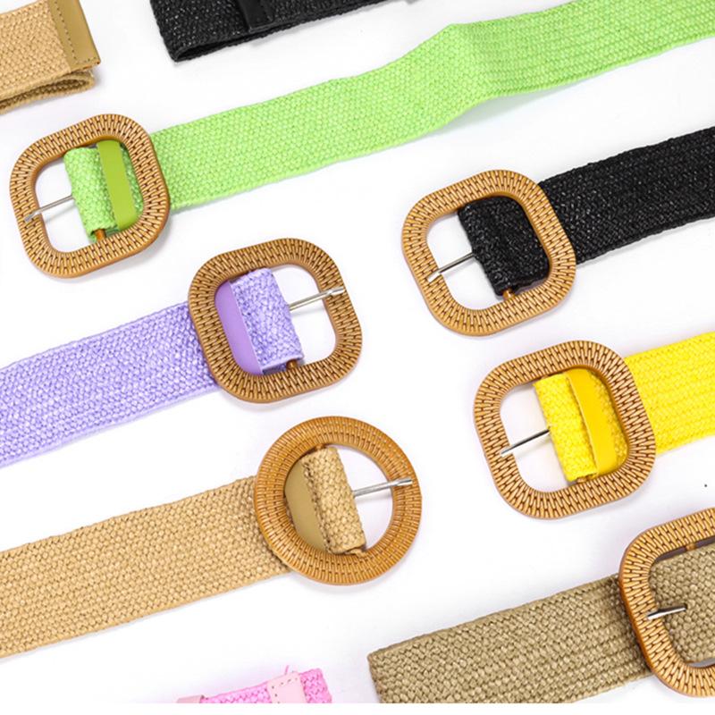 Bohemian Cotton And Linen Wind Pp Grass Woven Belt Women'S Round Square Buckle Dress Retro Women'S Belt