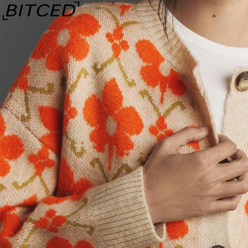 BITCED Floral Jacquard Autumn/Winter Women's Sweater Elegant Button-Front Long-Sleeved Knitted Cardigan
