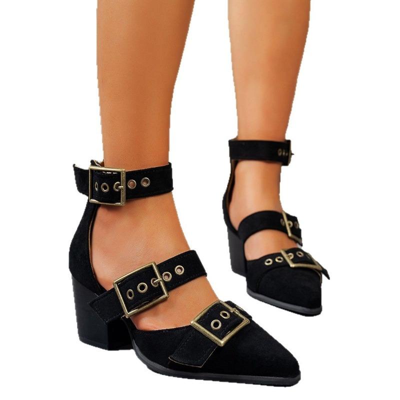 Large Size Pointed One-letter High Heels for Women's Spring and Summer New Thick-heeled Square-buckled High-heeled Women's Sandals