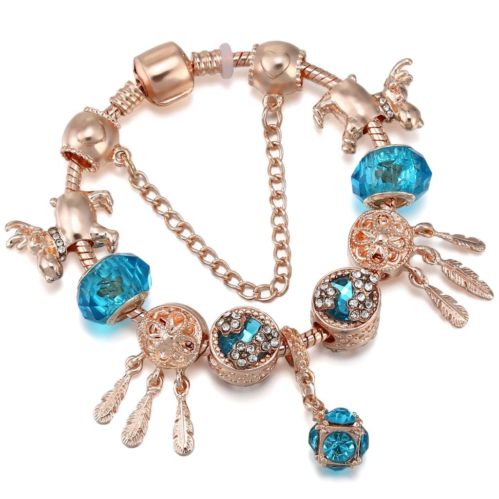 Pan's Blue Crystal Dream Catcher Rose Gold Ladies Bracelet