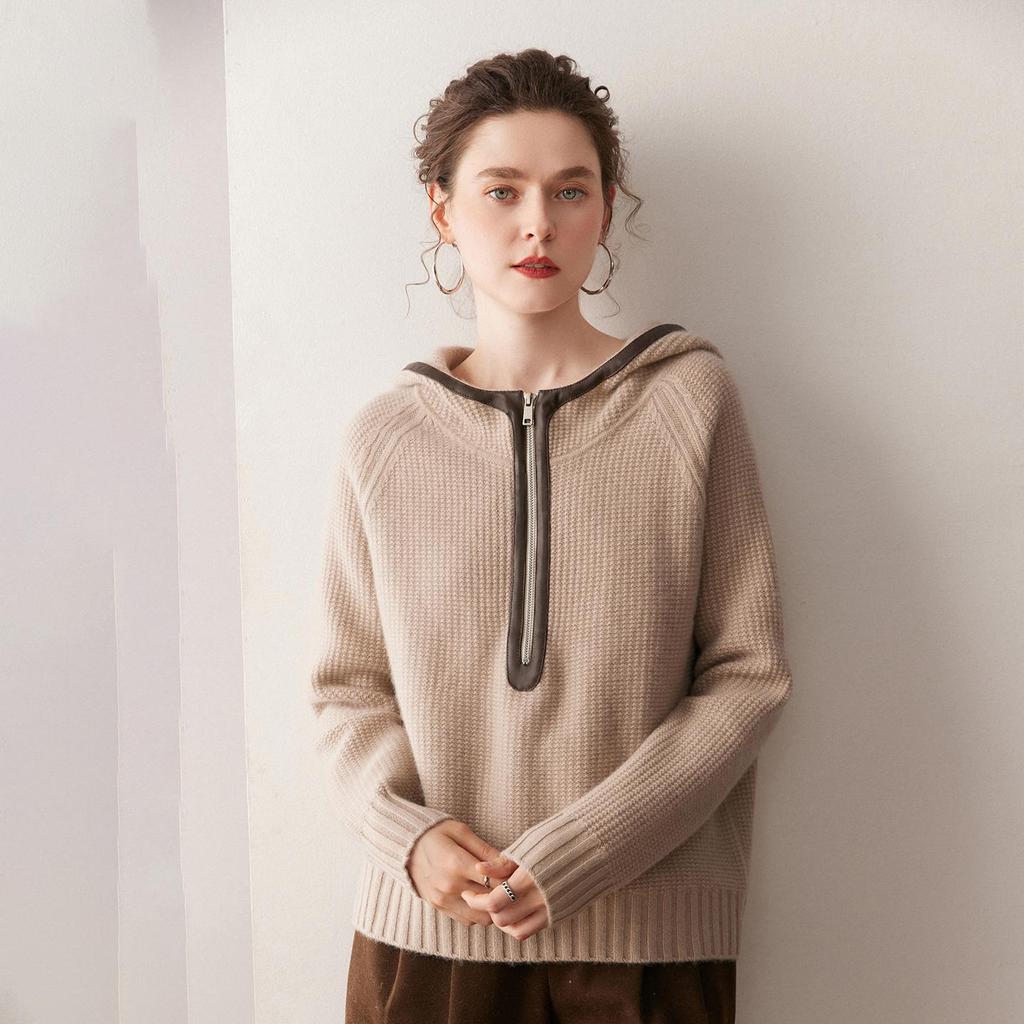 Women's Loose Cashmere Hooded Half-Zip Pullover - Autumn & Winter Cross-Border Knit Sweater