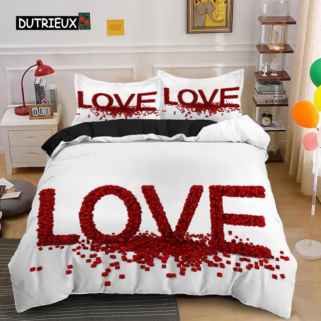 Romantische Liebesherz Bettbezug Valentinstag Bettwäscheset Mikrofaser 3D-Druck Steppdeckenbezug King Queen Für Jungen Mädchen Teenager Deko
