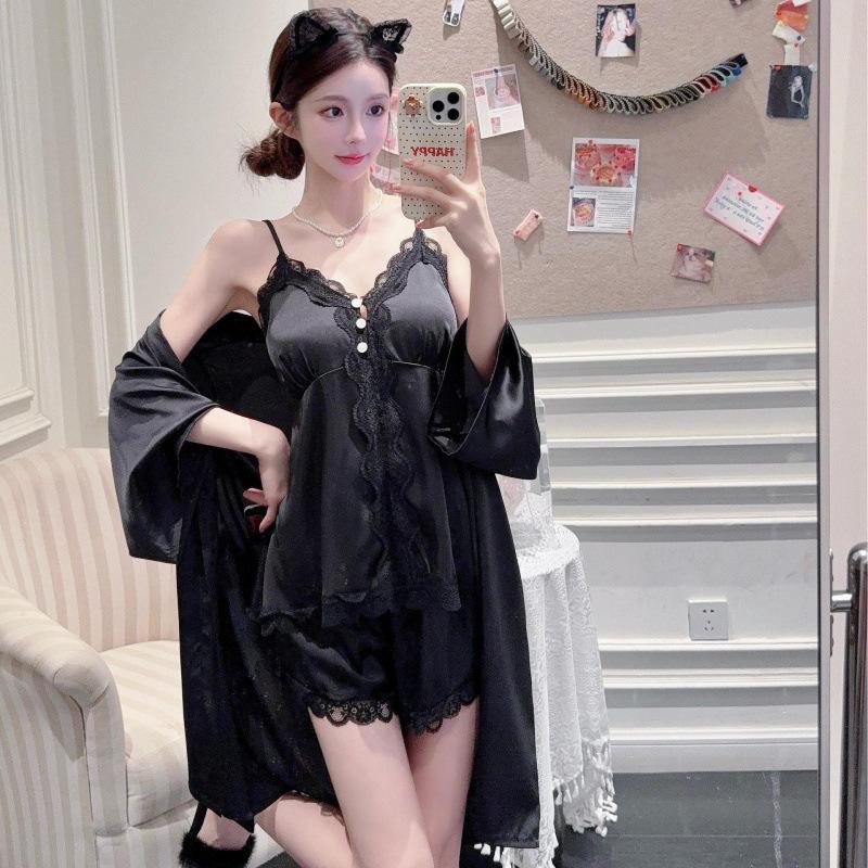 Summer sweet girl suspender shorts nightgown ice and snow silk thin lace lace pure desire wind loungewear three-piece set