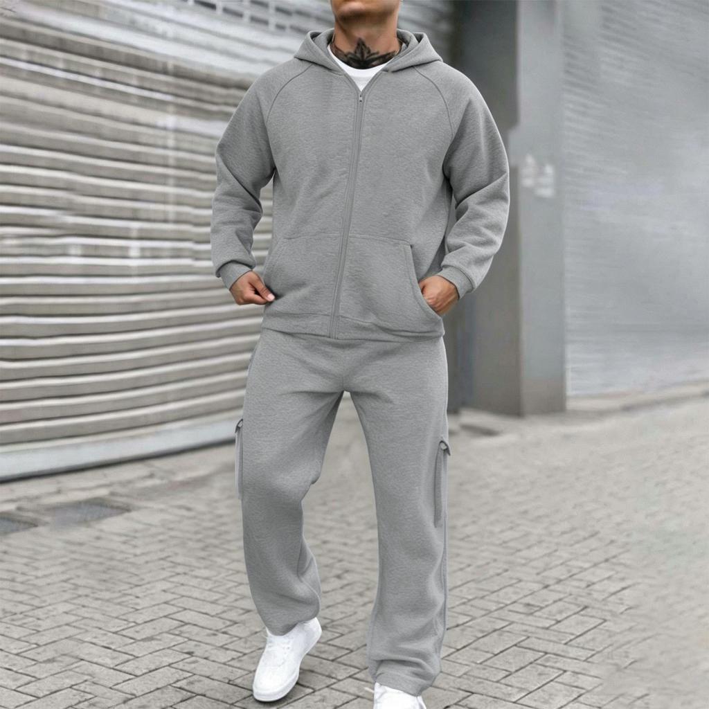 Men's Casual Two Piece Outdoor Set - Pullover Sweatshirt with Elastic Waist Cargo Pants