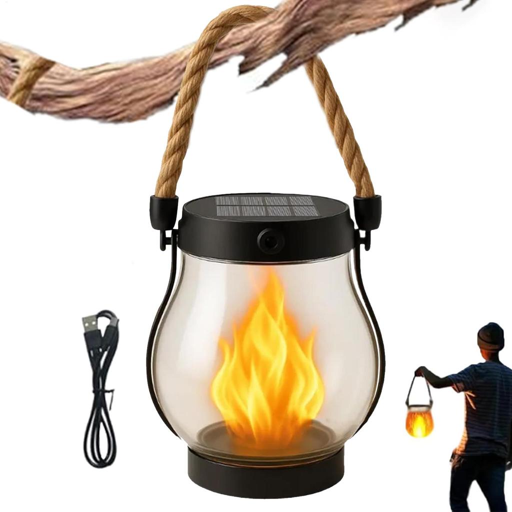 Halloween Flickering Flame Garden Lights Solar Lantern Outdoor Lights with Dancing Flames Hemp Rope Hanging Flickering Lights