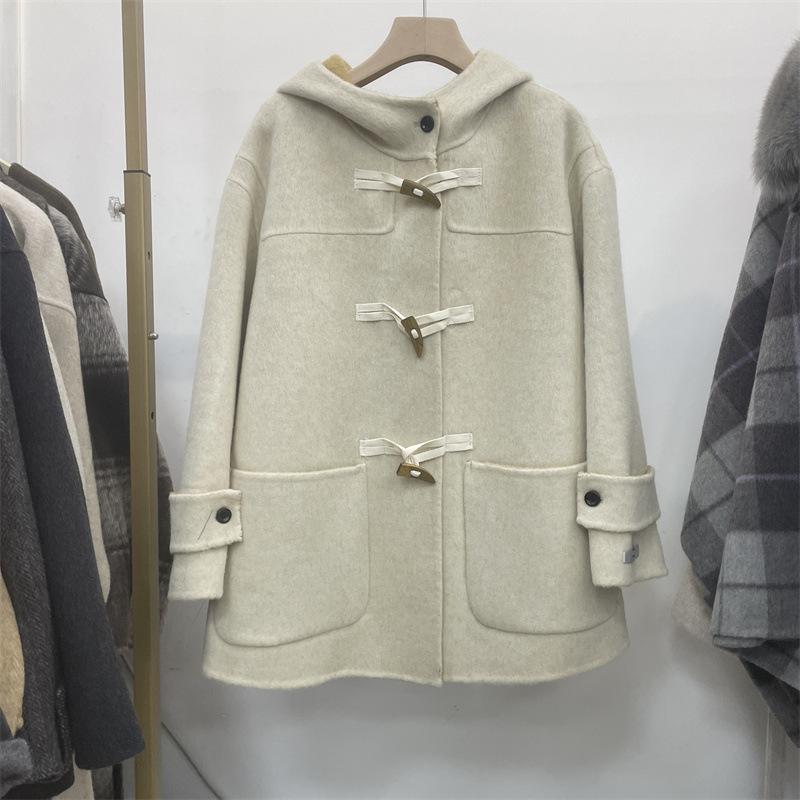 Spring, Autumn and Winter Hooded Double-sided Woolen Coat Jacket Women's Woolen Cloth Simple and Versatile Casual Commuting Horn Buckle