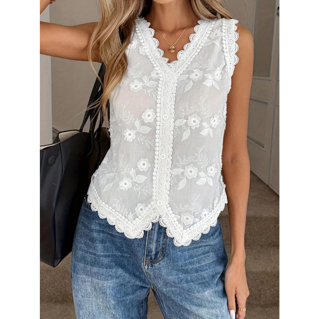 Vintage Embroidered Leaf Jacquard V-neck Lace Tank Top Heavy Embroidery Retro Literary Camisole Top