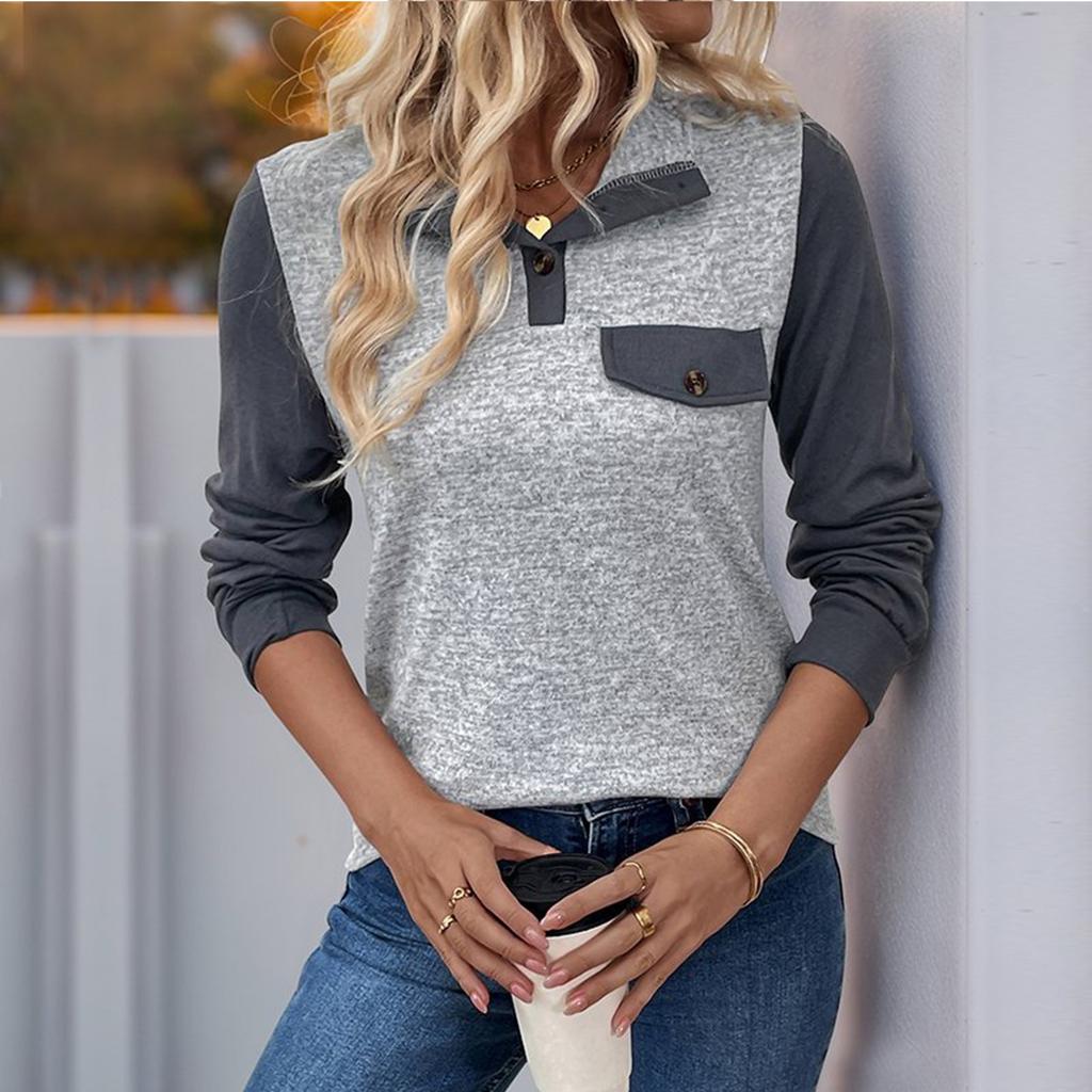 Women's Contrast Color Stitching Top Pullover Lapel Button Casual All-match Top