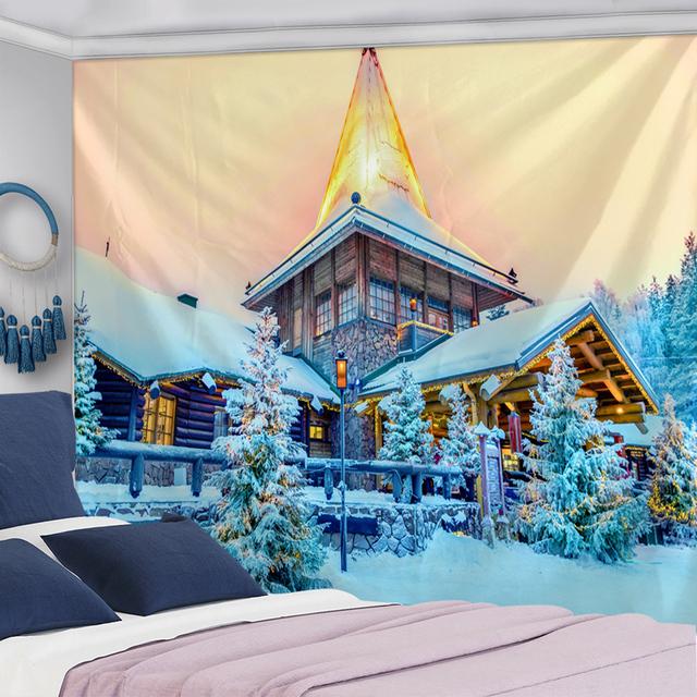 Tapisserie murale à suspendre avec paysage de neige et sapin de Noël, flocon de neige, maison, cadeau de vacances, décoration d'intérieur psychédélique rétro bohème