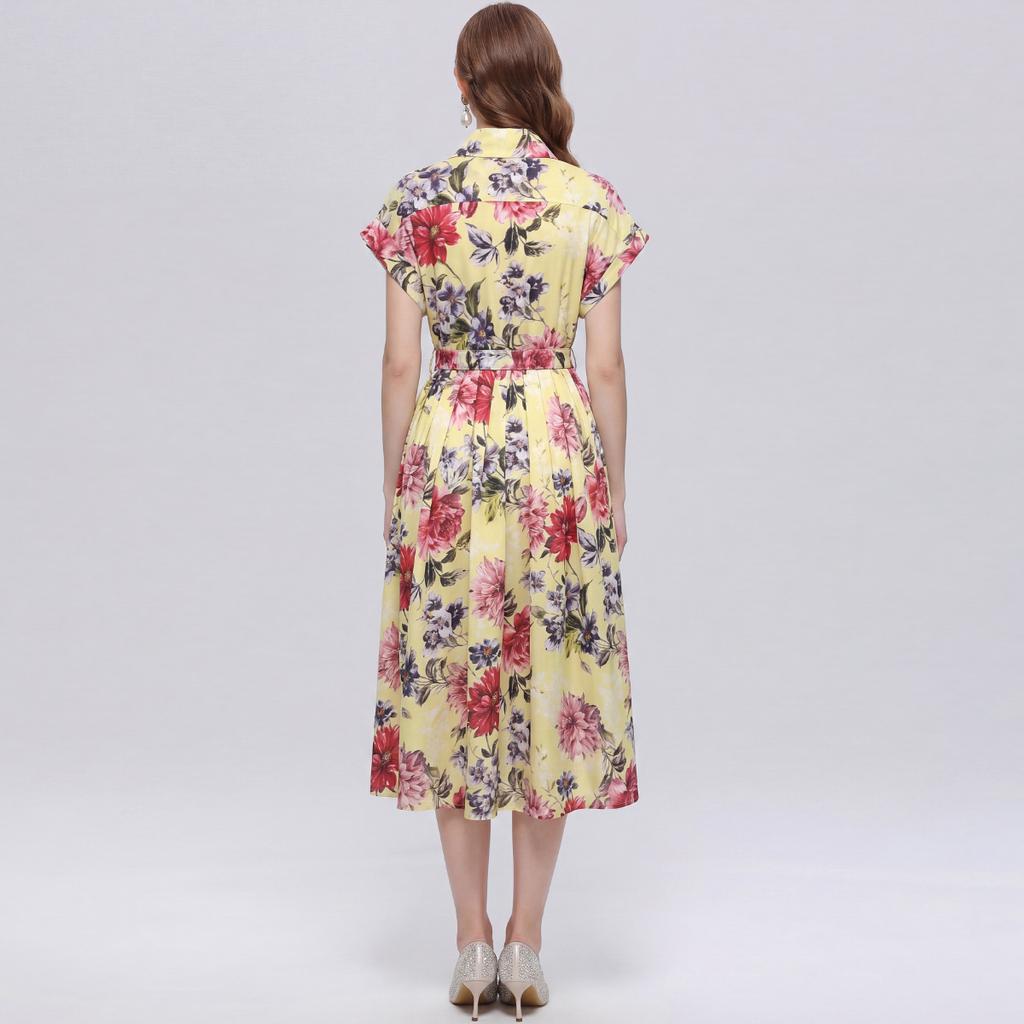 Summer Floral Print Shirt Dress for Women Short Sleeve Maxi Sundress with Lapel Neck Buttons Vintage Fashion Belted Robe