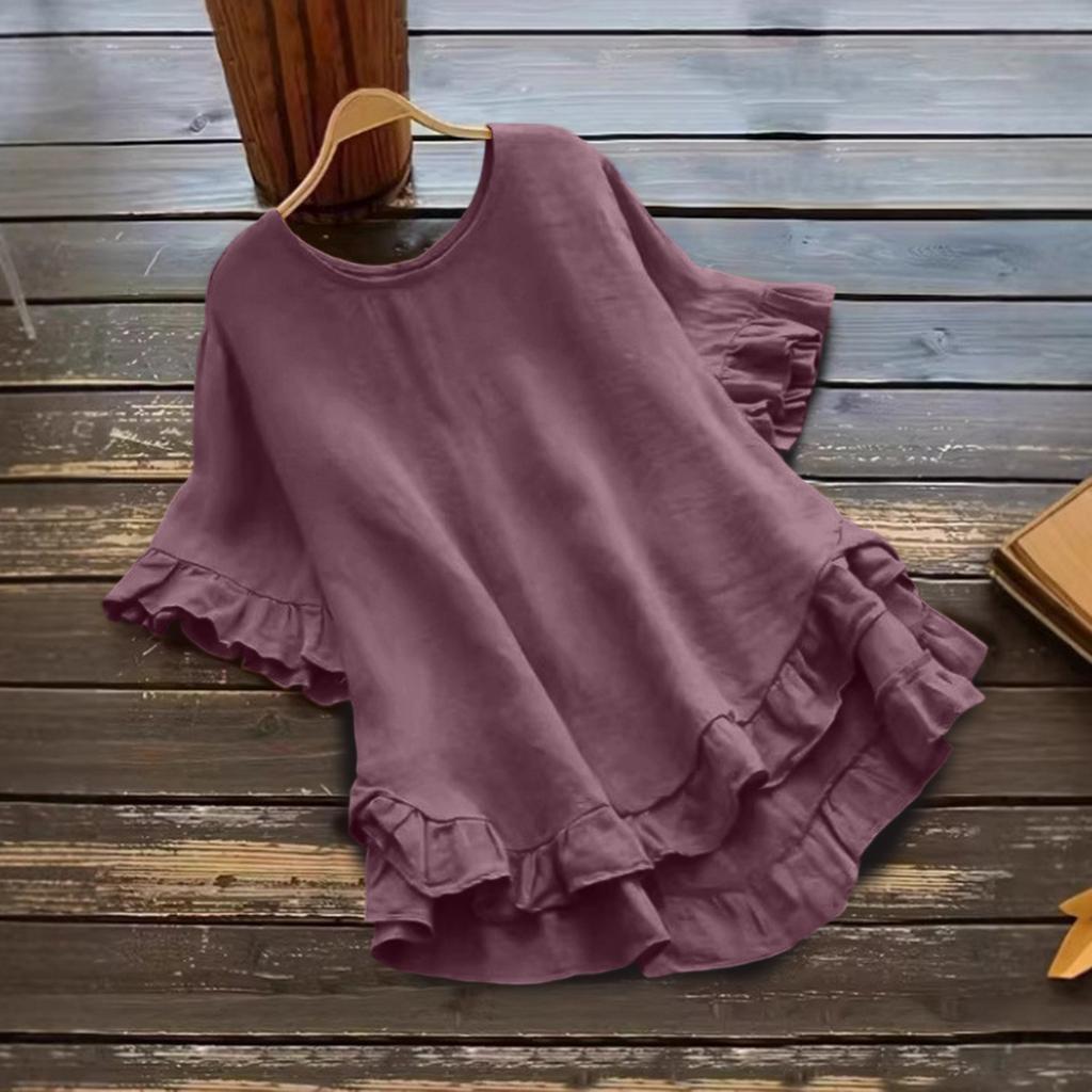 Women's Fashionable Plus Size Color Round Neck Ruffle Short Sleeved  Round Neck Loose Pullover Top