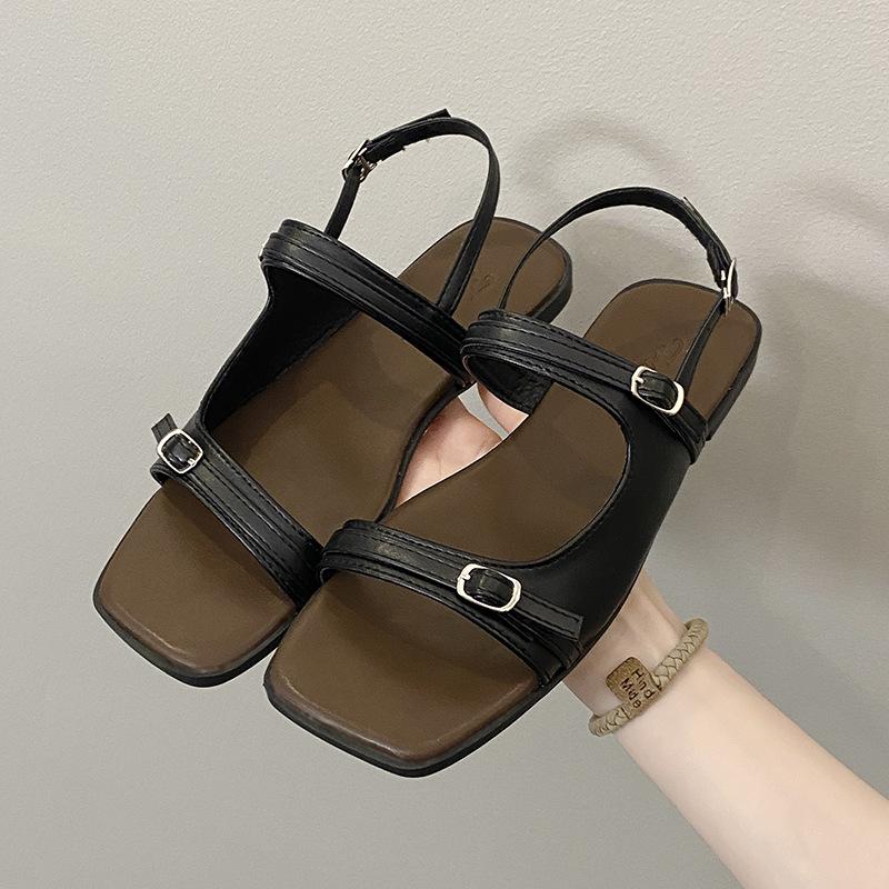 Sandals women's summer 2025 new evening breeze round head open toe simple soft leather flat women's sandals