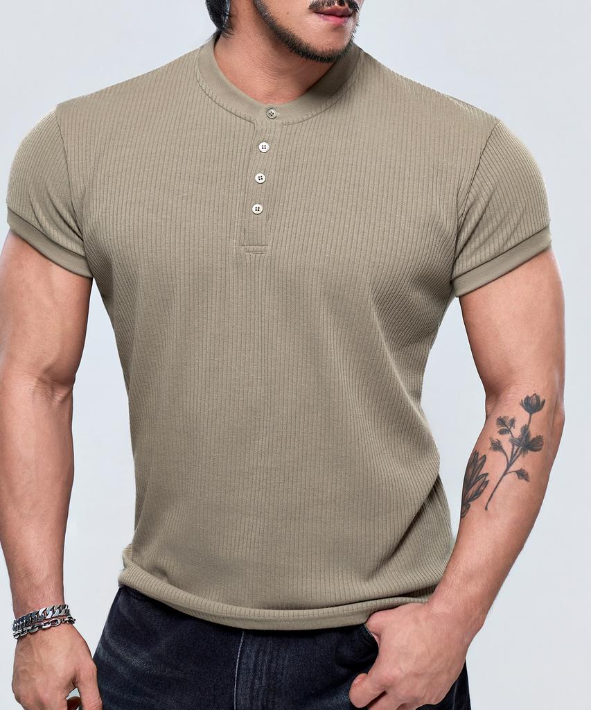 Pijikeolgameoncheu P2639 Henley Neck Muscle Fit Ribbed Short Sleeve [3 Colors]