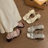 Rhinestone Cross-strap One-word Buckle Thick-heeled Sandals 2025 Summer French New Open-toed Mid-heel Fairy Style High Heels