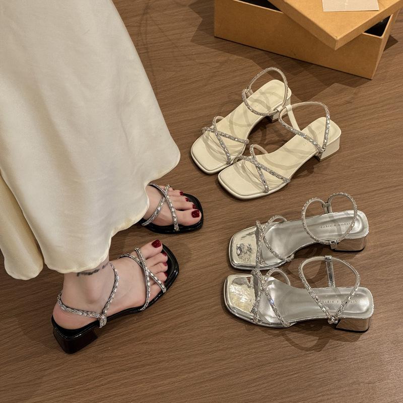 Rhinestone Cross-strap One-word Buckle Thick-heeled Sandals 2025 Summer French New Open-toed Mid-heel Fairy Style High Heels