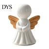 Cute Desk Decor for Bedroom Minimalist Angel Figurine with Wood Texture Wings, Compact Statue, Modern Interior Design Accents Decorative White