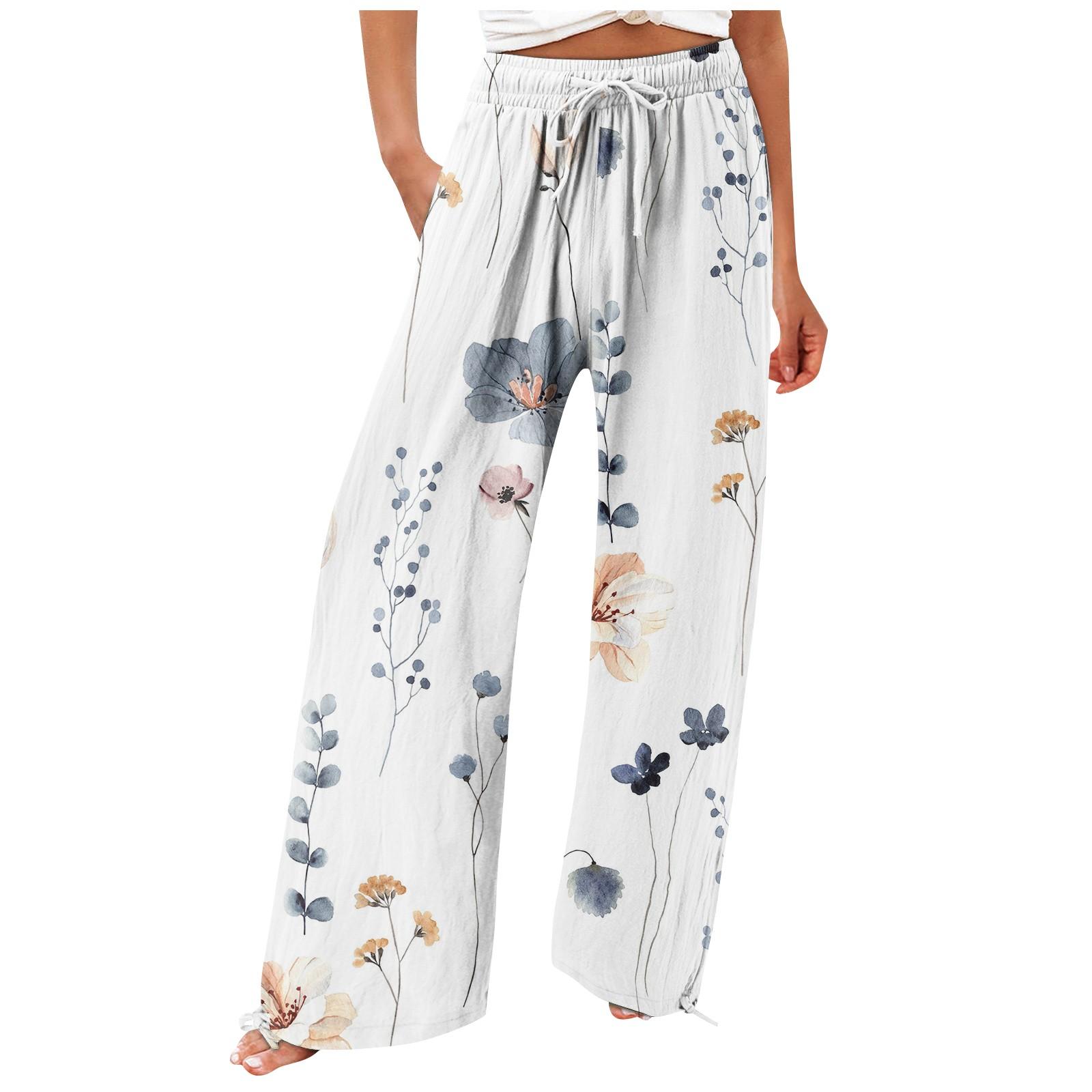

Брюки для женщин. Летние струящиеся брюки с высокой талией и широкими штанинами с принтом. Повседневные брюки. XL белый